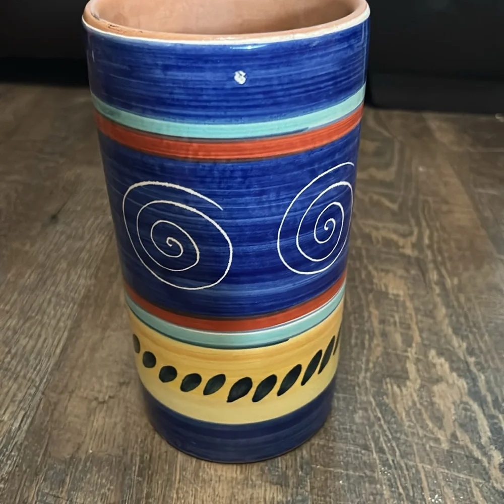 Pier 1 Italian Swirl Hand Painted Terracotta Utensil Holder / Wine‎ Chiller